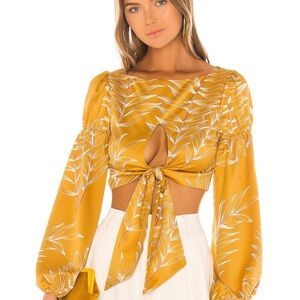 Camila Coelho Mustard Leaf Print Tie-Front Blouse
